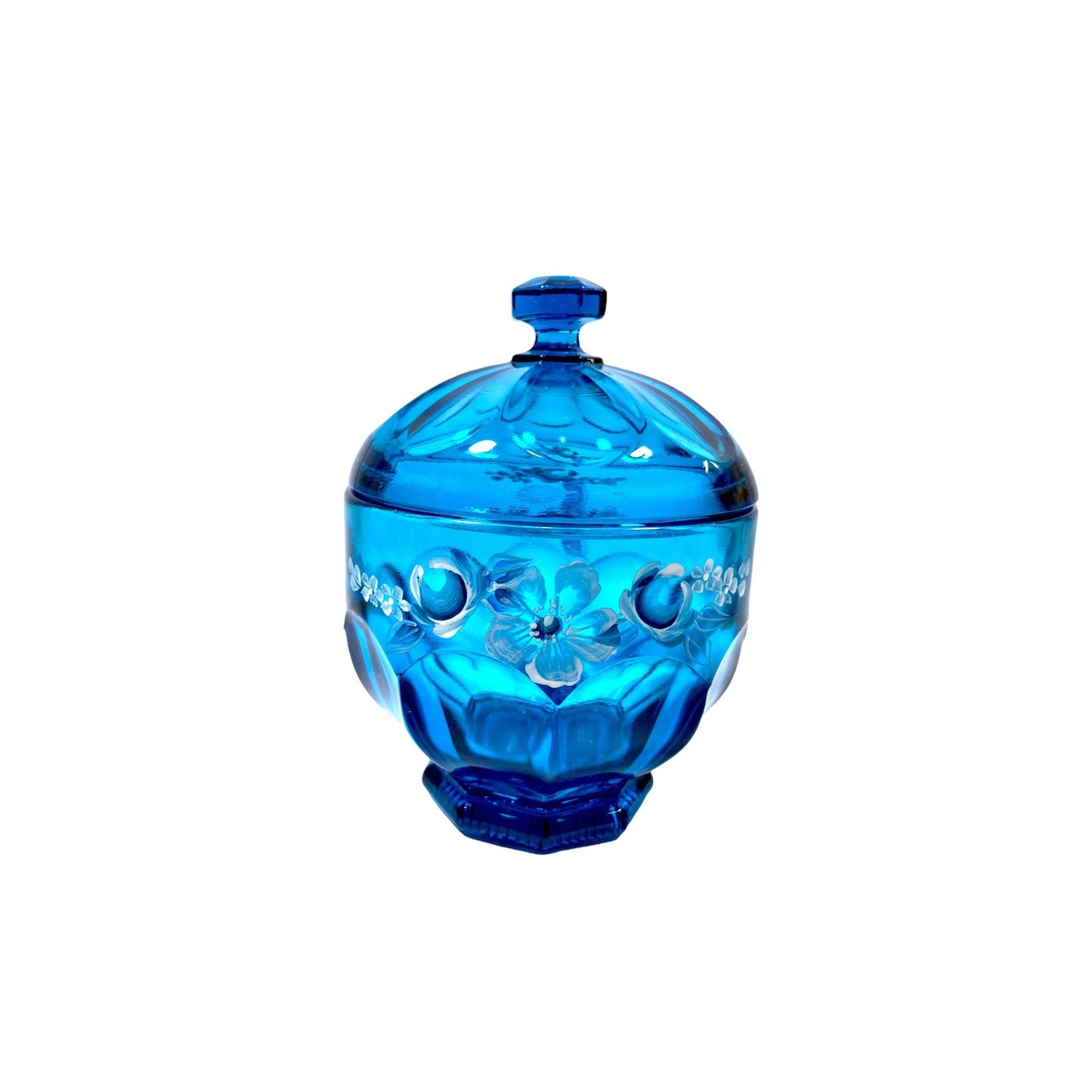 Vintage Fenton Blue Lidded Candy Dish with Hand Painted Floral Design & Signed J. Fredrick.