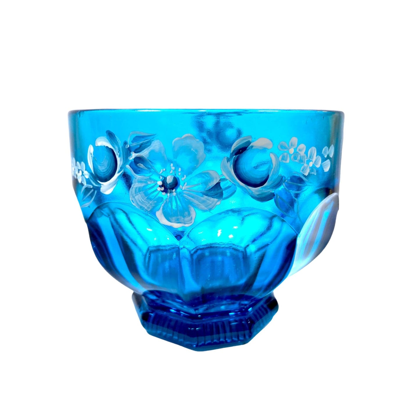 Vintage Fenton Blue Lidded Candy Dish with Hand Painted Floral Design & Signed J. Fredrick.