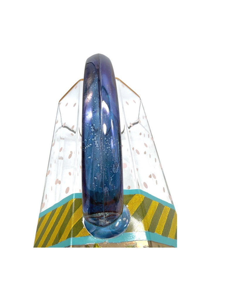 Mackenzie Childs Garland Pink Dot Glass Pitcher Floral/Striped Octagonal Shape