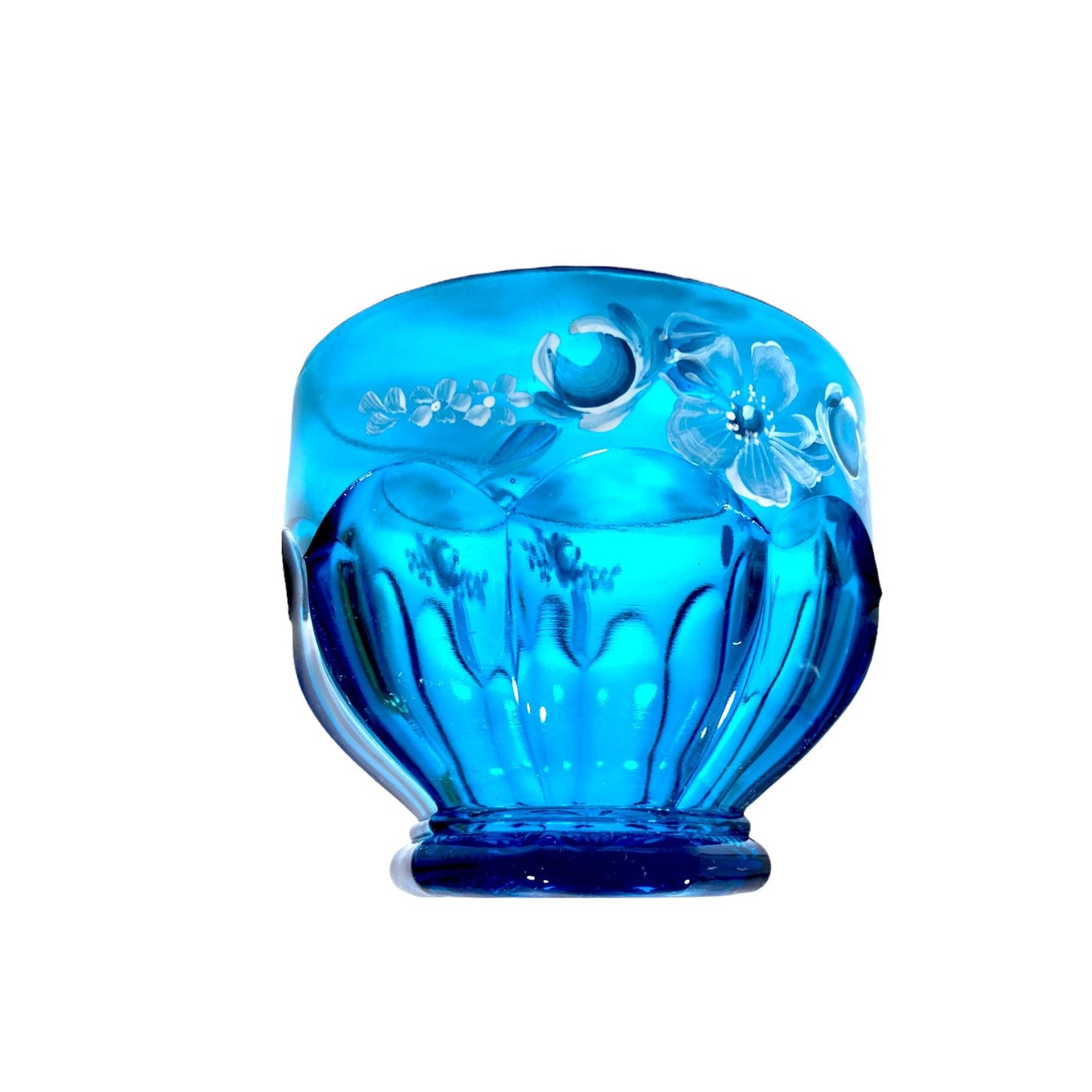 Vintage Fenton Blue Lidded Candy Dish with Hand Painted Floral Design & Signed J. Fredrick.