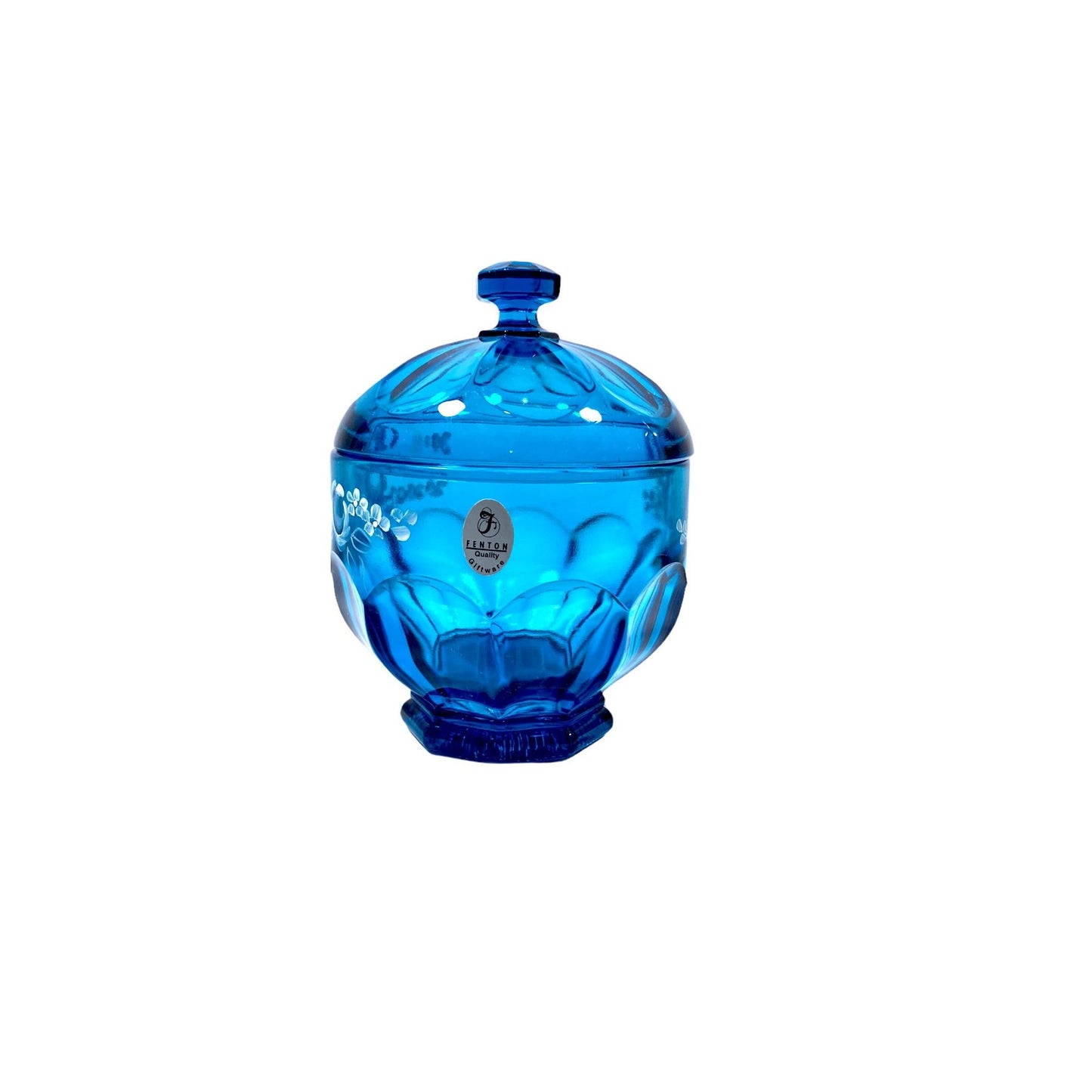 Vintage Fenton Blue Lidded Candy Dish with Hand Painted Floral Design & Signed J. Fredrick.