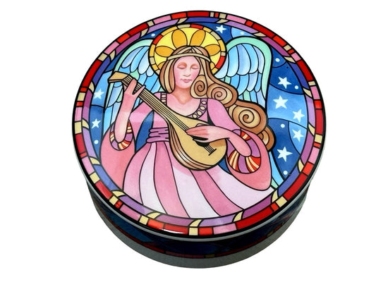 Vintage Stained Glass Style Angel Musician Round Porcelain Trinket Box