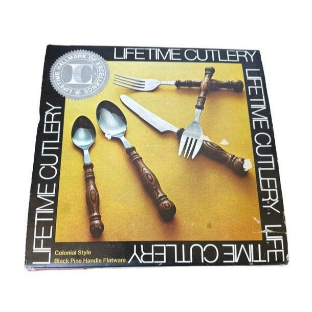Vintage Old Homestead Black Pine Wood Handle Stainless Flatware - Set of 32 - New Old Stock