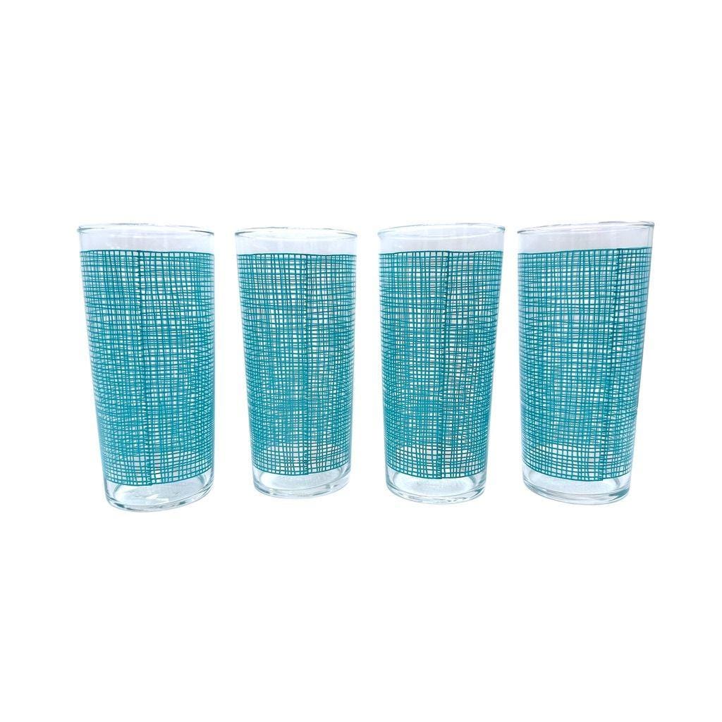 Federal Glass Co Mid-Century Blue Burlap Print Tumblers Set Of 4