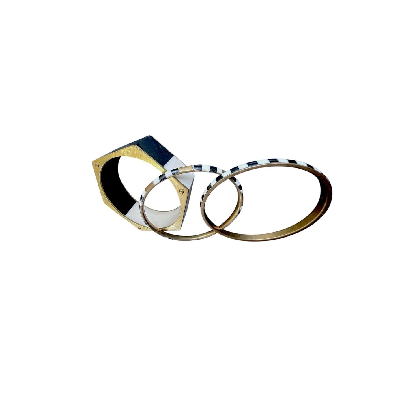 Set Of 3 Black & White Bangles With Hexagonal Brass Accent Bracelet
