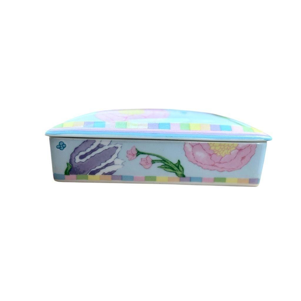 Horchow Pastel Pink/Blue Floral Porcelain Trinket Box With Lid & Divided Interior