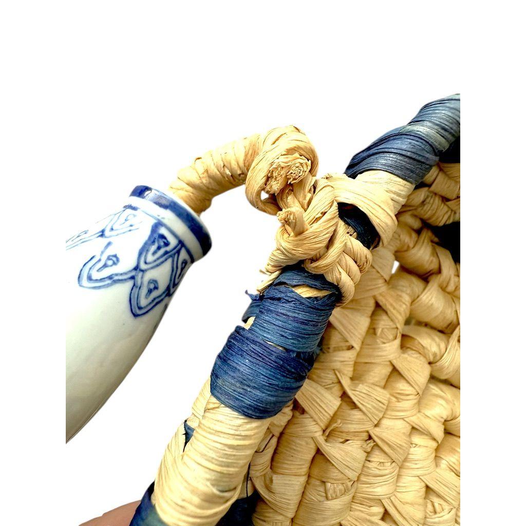 Blue Floral Porcelain Serving Dishes with Rattan Carrier, Set of 2