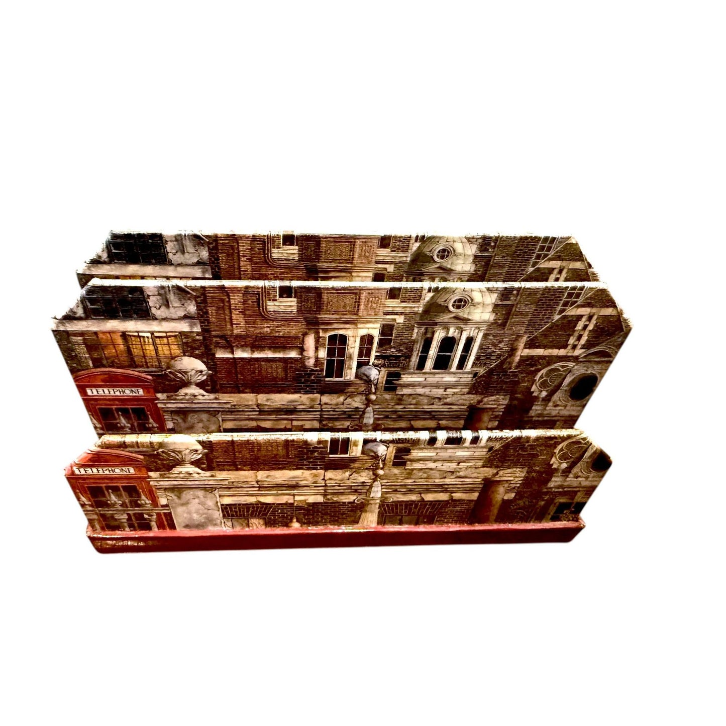 1985 A. Ingamells "Cityscape" Decoupage Desk Organizer Set W/ Trinket Chest, Address Book & Letter Holder