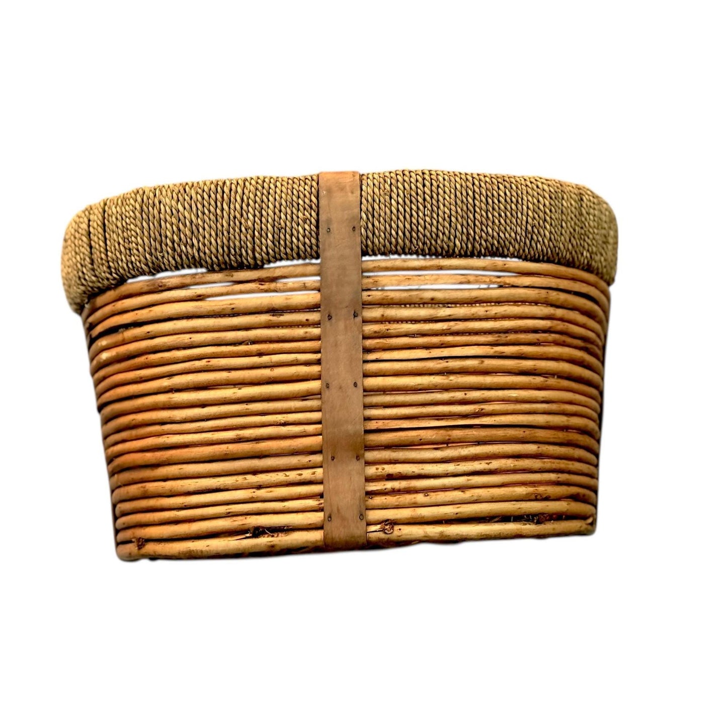 Vintage Woven Oval Pencil Reed Basket W/ Rattan Rim & Wooden Straps