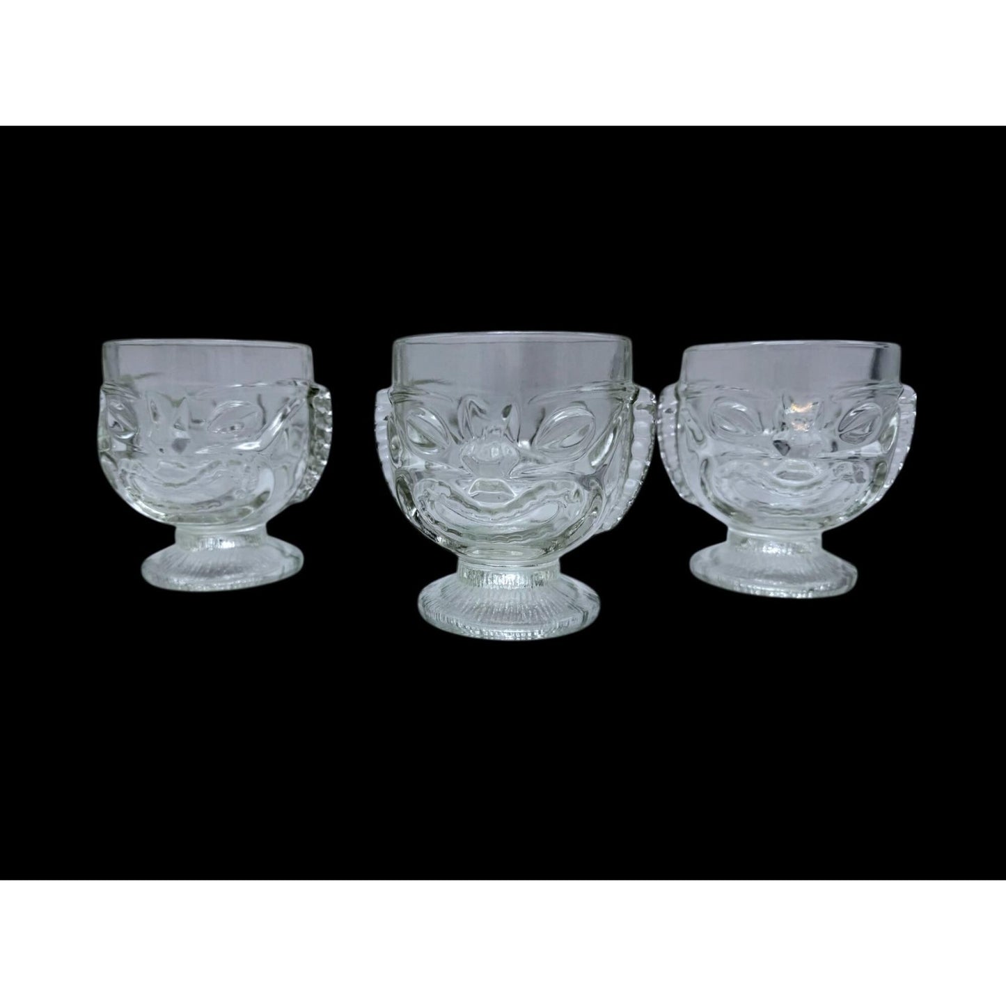 Set Of 3 Vintage Clear Glass 2 Face Tiki Mug Goblets