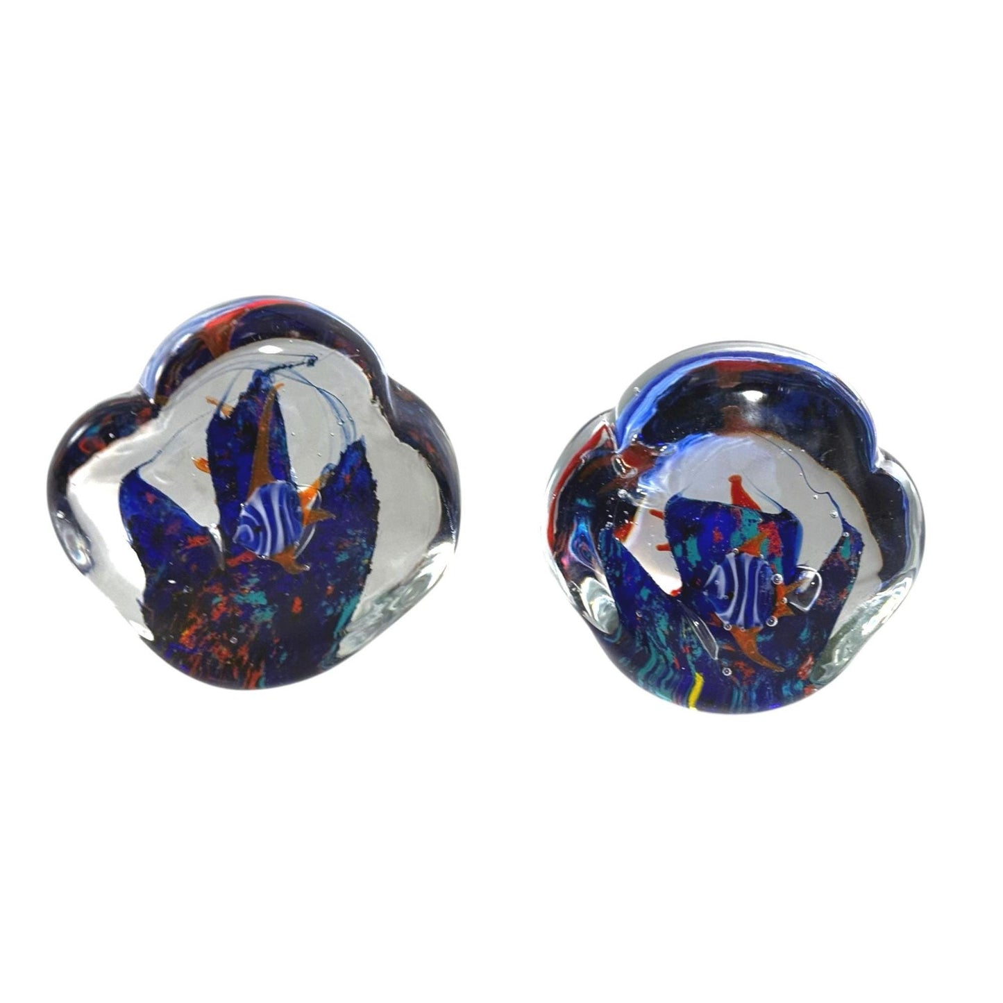 Hand-Blown Glass Fish Paperweight Vibrant Blue Coral Reef Design - Set of 2