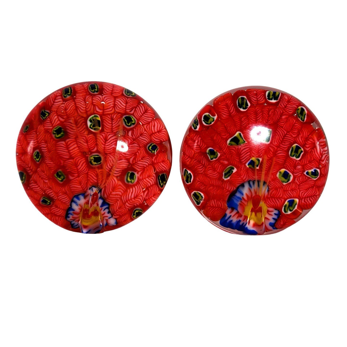 Art Glass Peacock Paperweights Red/White Multicolor Millefiori Design Set of 2