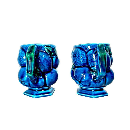 Vintage Inarco Blue Ceramic Fruit Motif Mugs Set Of 2
