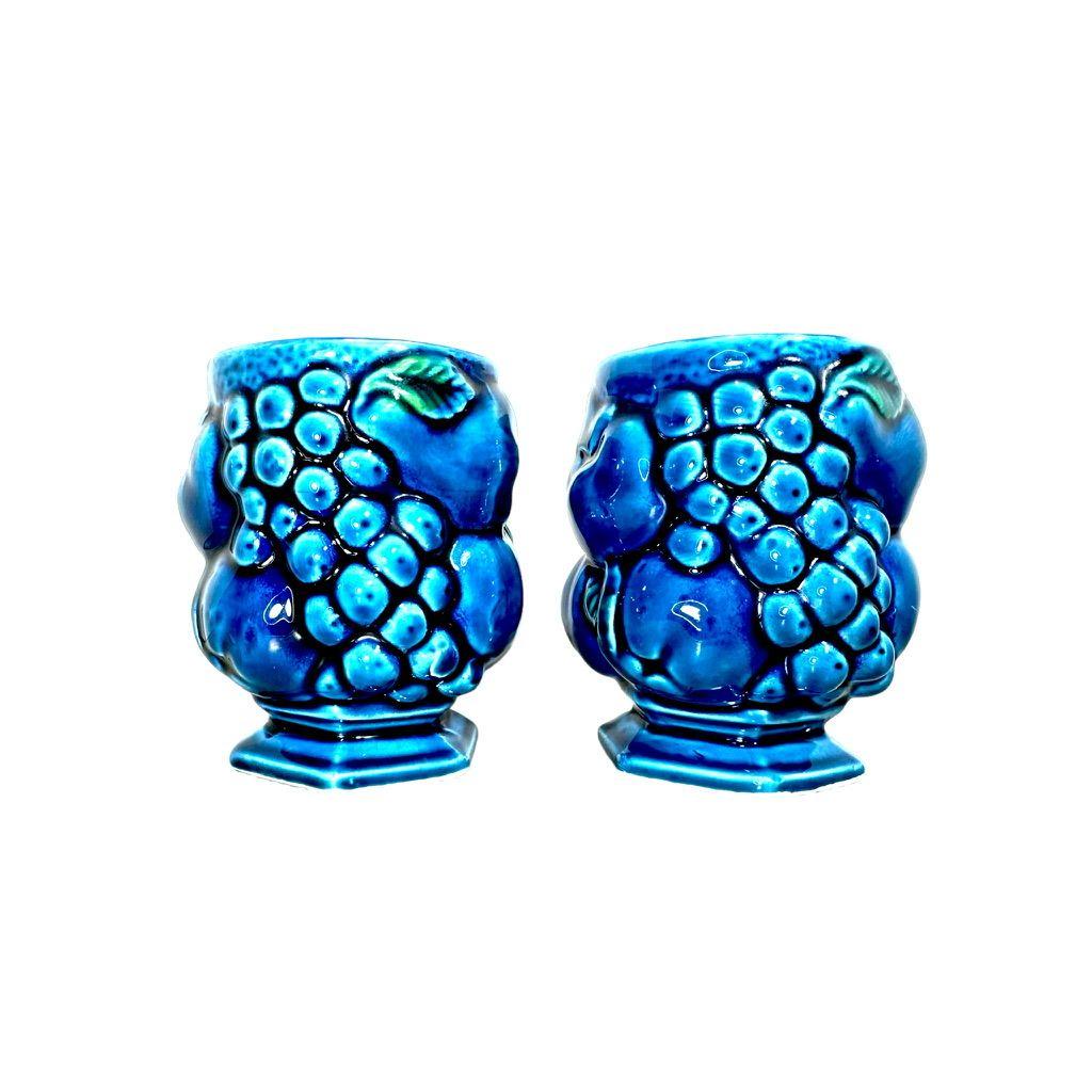 Vintage Inarco Blue Ceramic Fruit Motif Mugs Set Of 2
