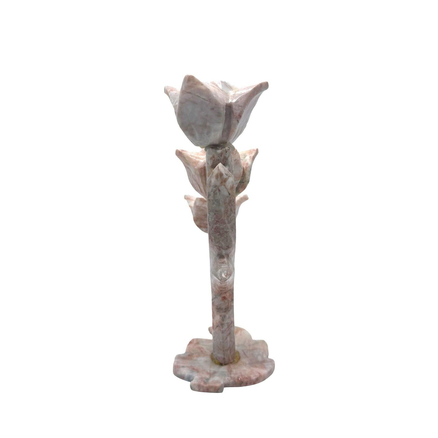 Hand-Carved Pink Stone/Marble 3-Arm Tulip Candle Holder