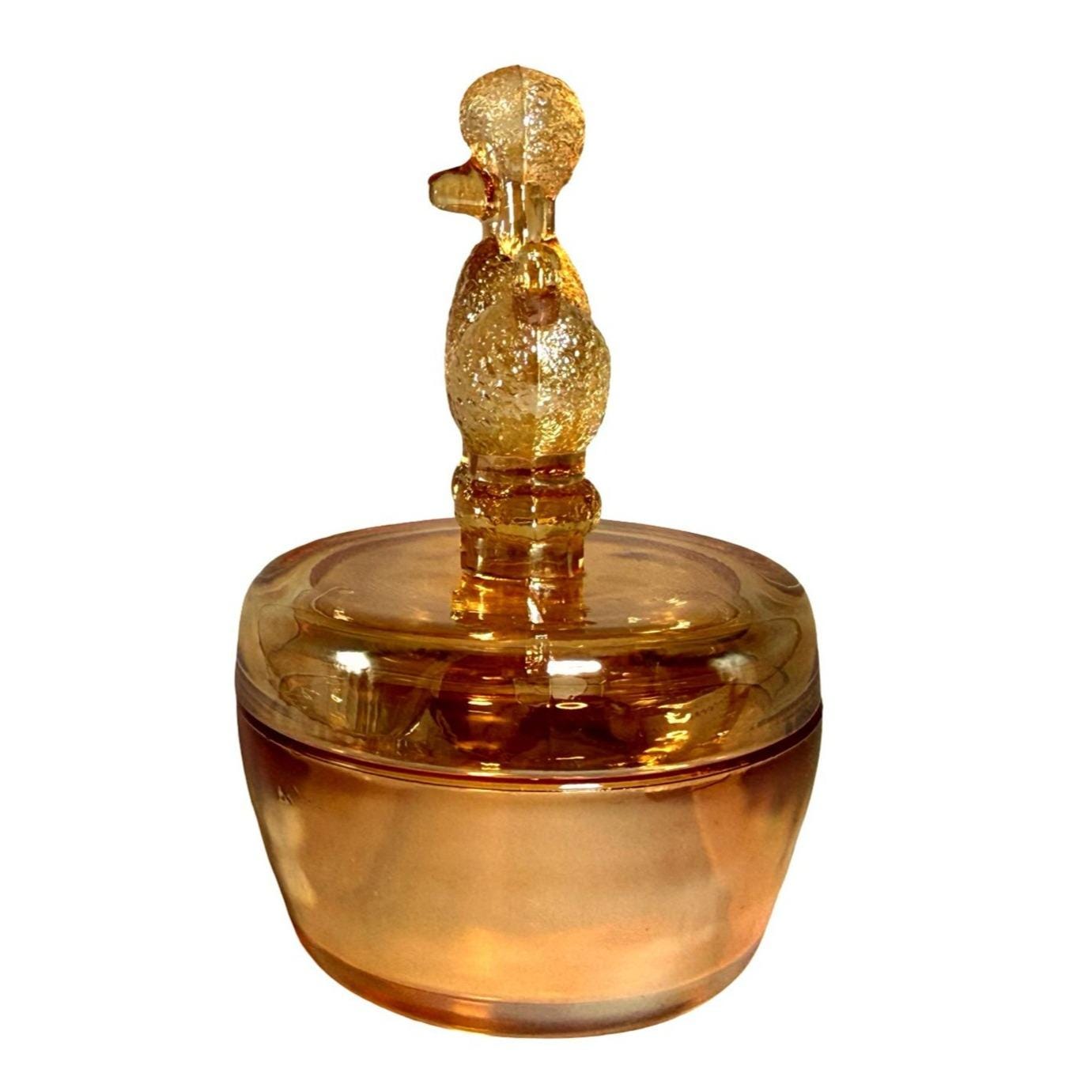 Jeannette Glass Marigold Carnival Glass Jar w Poodle Figurine Lid