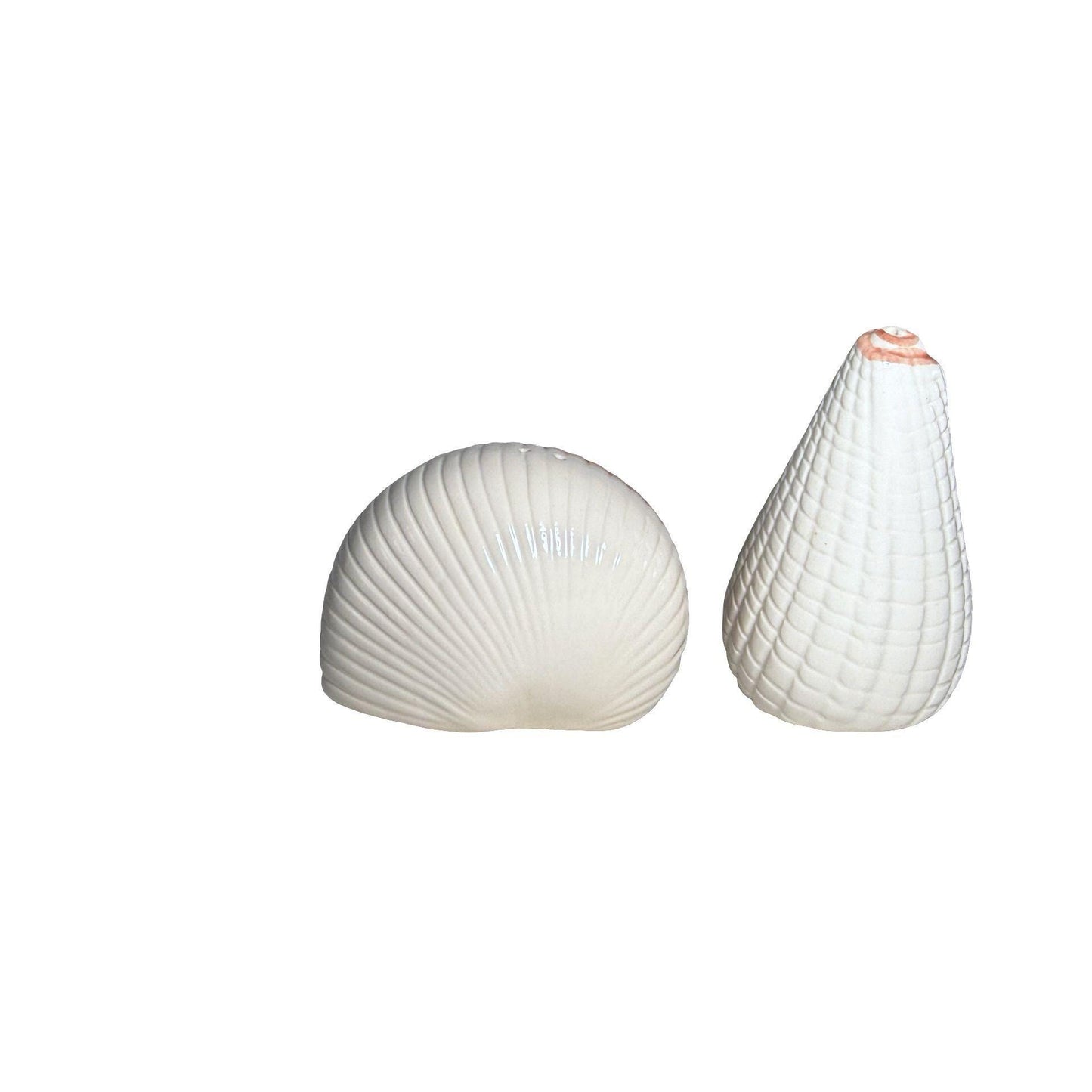 Ceramic Seashell Salt Pepper Shakers Hand-Painted Coral & White Coastal Design