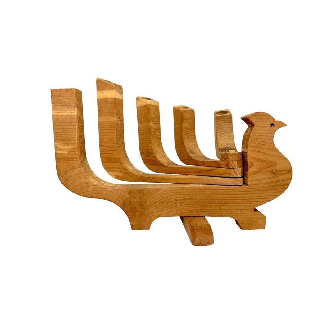 Mid-century modern wood articulated peacock candelabra signed Byron Jones