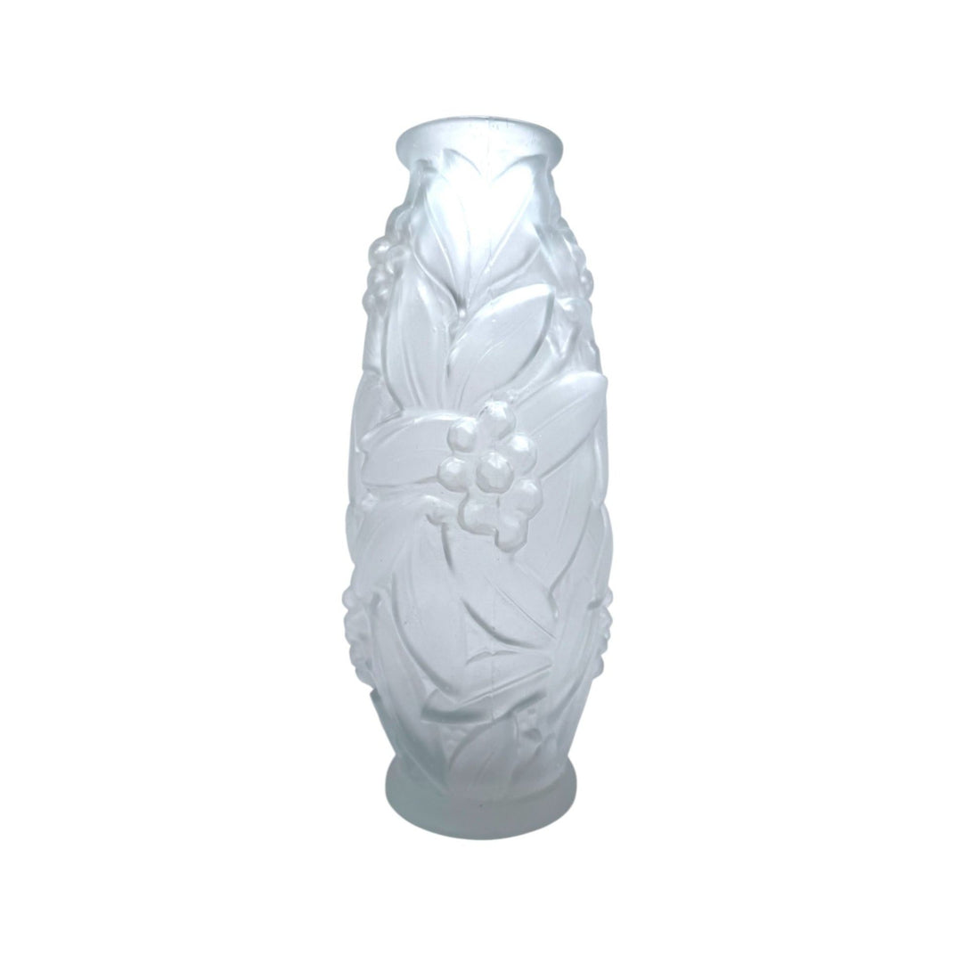 1920s Espaivet frosted glass vase with floral and berry design