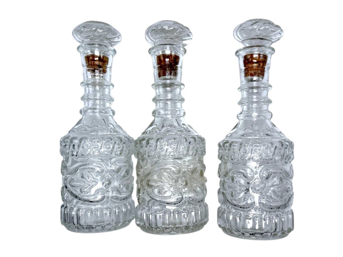 Vintage Jim Beam clear glass tiki bar style decanter bottle set of three