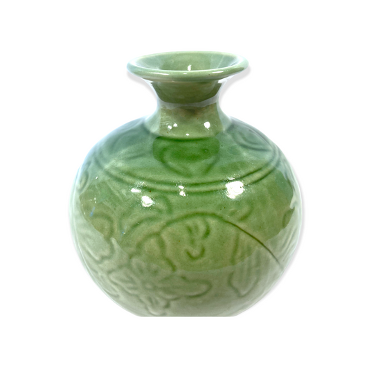 Vintage celadon lily embossed bud vase