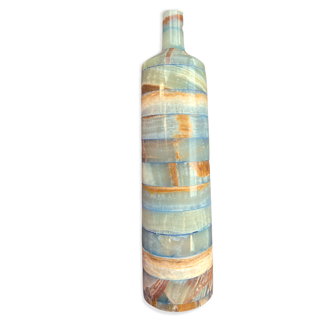 Contemporary onyx vase in stacked multi-colored stone