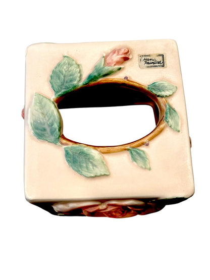 Fitz And Floyd 1987  Blushing Rose Ceramic Tissue Box Cover & Soap Dish Set