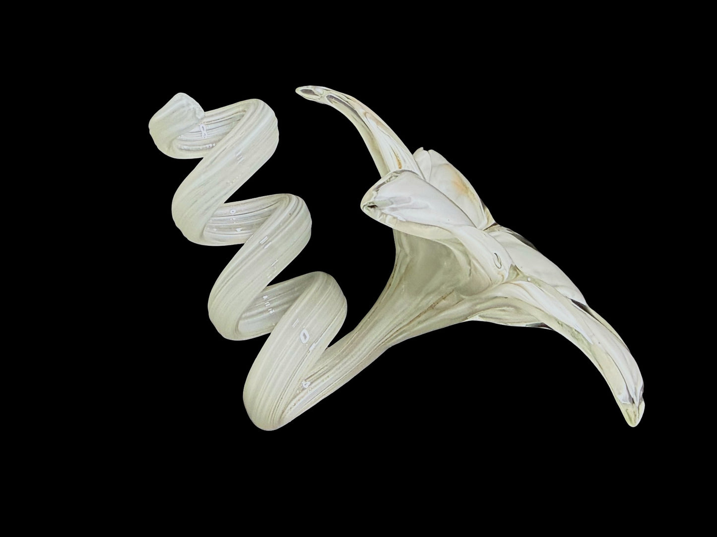 Blown glass flower figurine underside and curled stem view