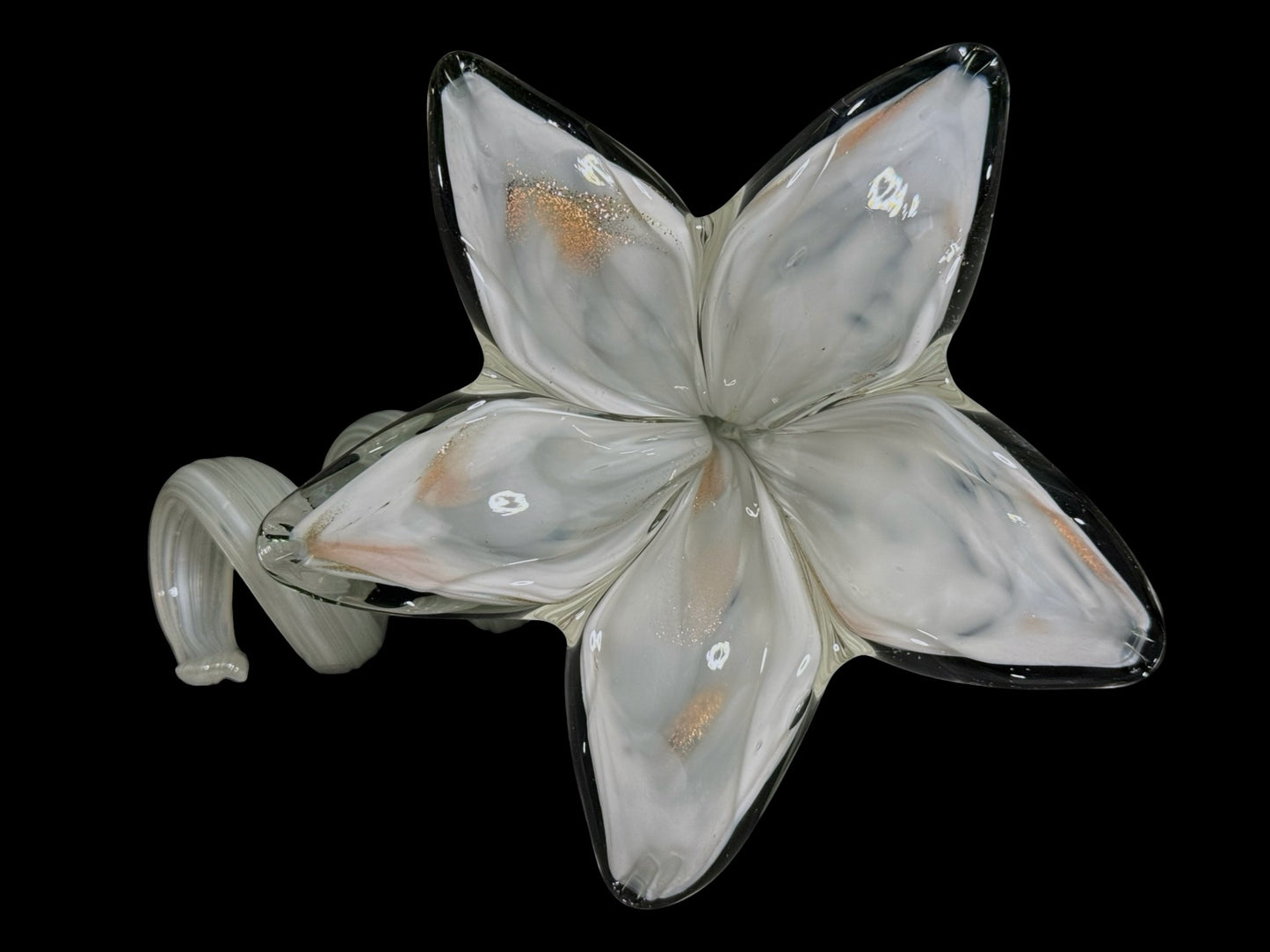 White and clear blown glass flower figurine upright side view
