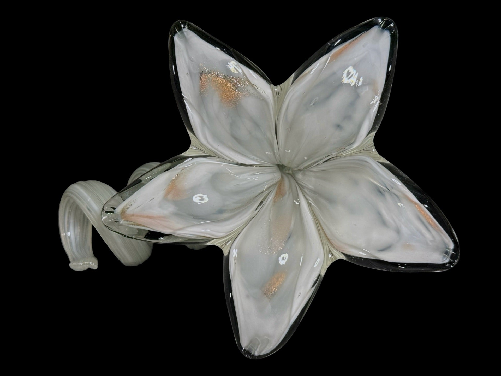 White and clear blown glass flower figurine upright side view