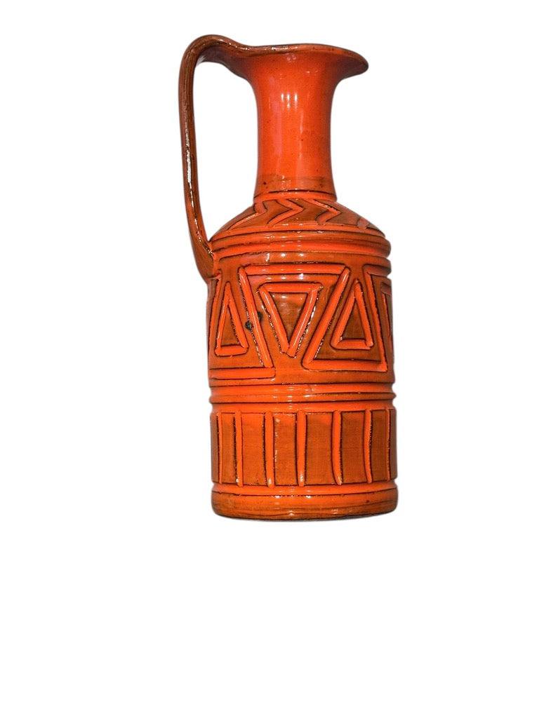 Bitossi Orange Mid-Century Modern Sgraffito Geometric Relief Ceramic Jug