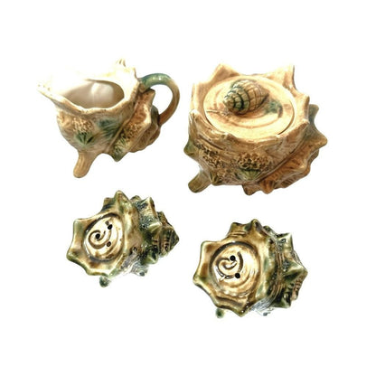 Vintage Conch Shell Shape Creamer and Sugar Dishes & Salt and Pepper Shaker Made in Japan - Set of 4