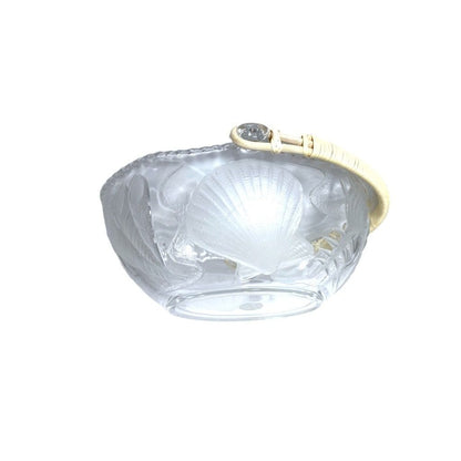 Vintage Aderia Glass Nautilus Pattern Oval Embossed Seashell Clear Glass Bowl with Bamboo Hand