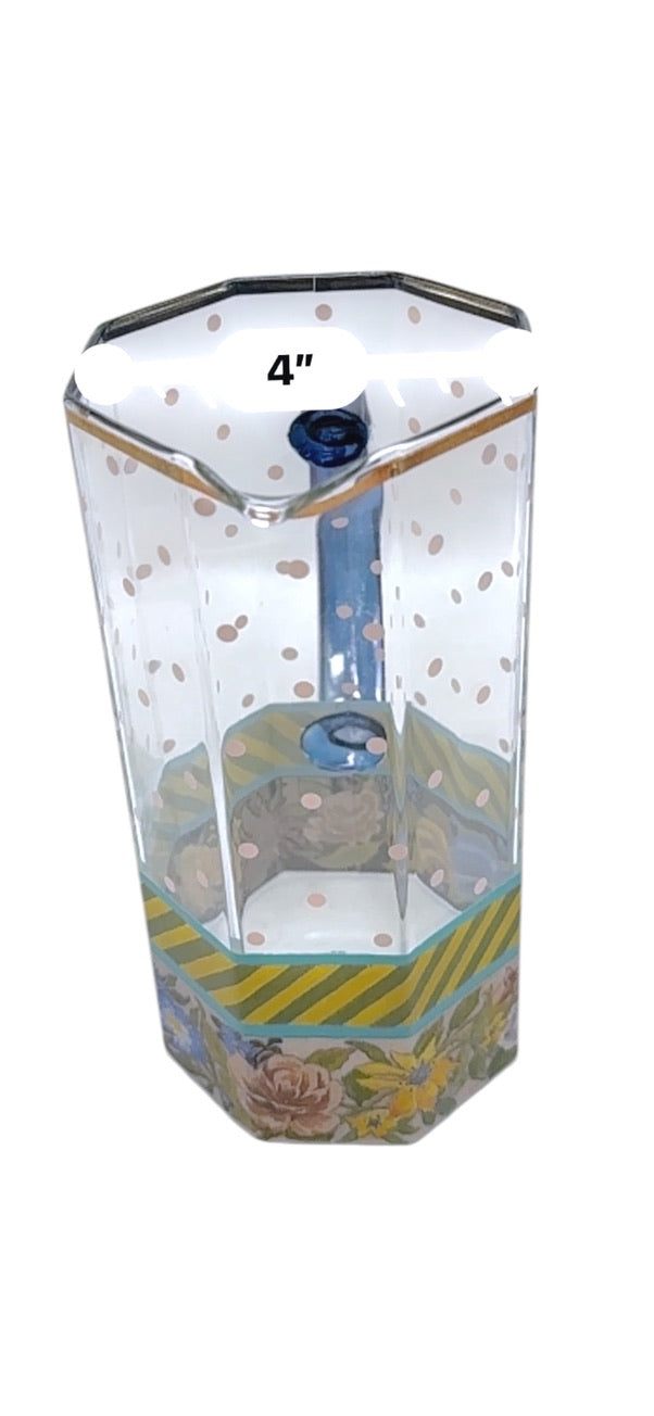 Mackenzie Childs Garland Pink Dot Glass Pitcher Floral/Striped Octagonal Shape