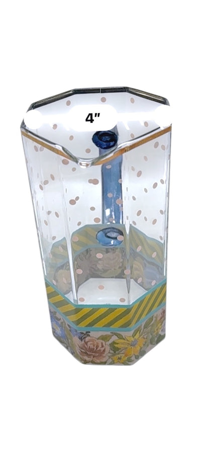 Mackenzie Childs Garland Pink Dot Glass Pitcher Floral/Striped Octagonal Shape