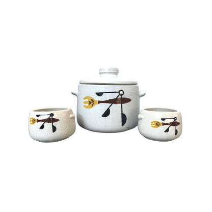 WestBend Lidded Bean Pot W/ Two Matching Bowls Adorn With Fork & Measuring Spoons - 4 Piece Set