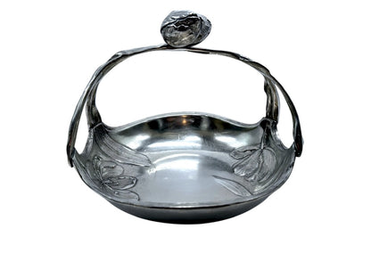 Antique Art Nouveau Pewter Tulip Basket Floral Embossed Design Decorative Handle