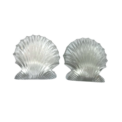 Vintage Blenko Art Glass Clear Scallop Clam Shell Bookends- Set of 2