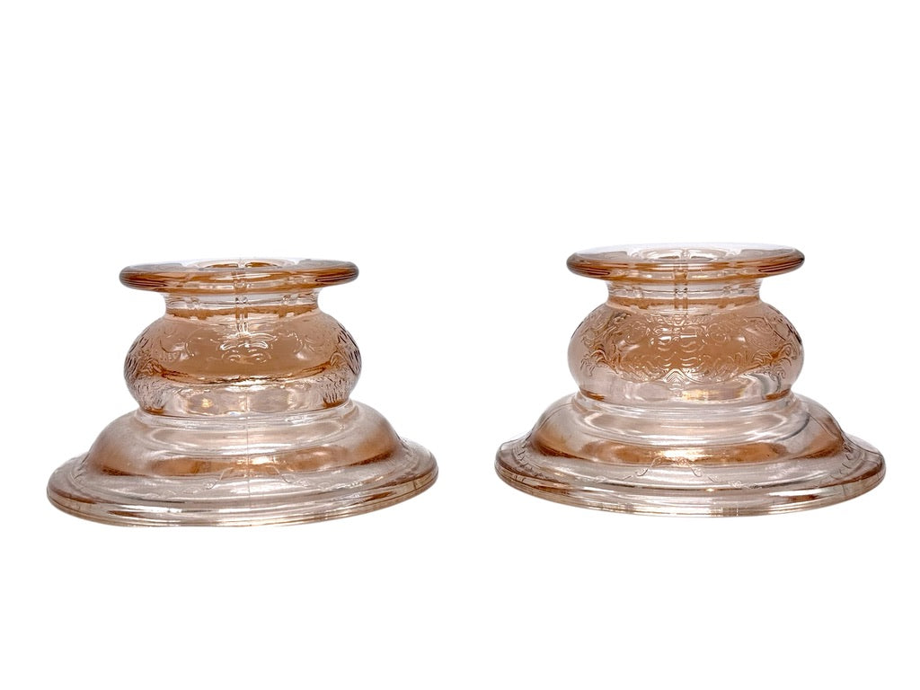 Vintage Pink Depression Glass Etched Candle Holders, Pair
