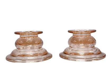 Vintage Pink Depression Glass Etched Candle Holders, Pair