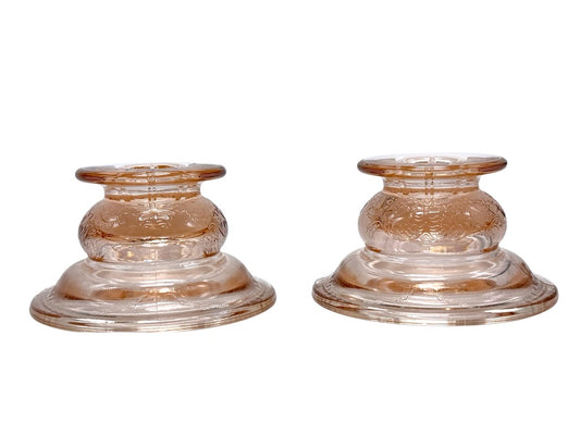 Vintage Pink Depression Glass Etched Candle Holders, Pair