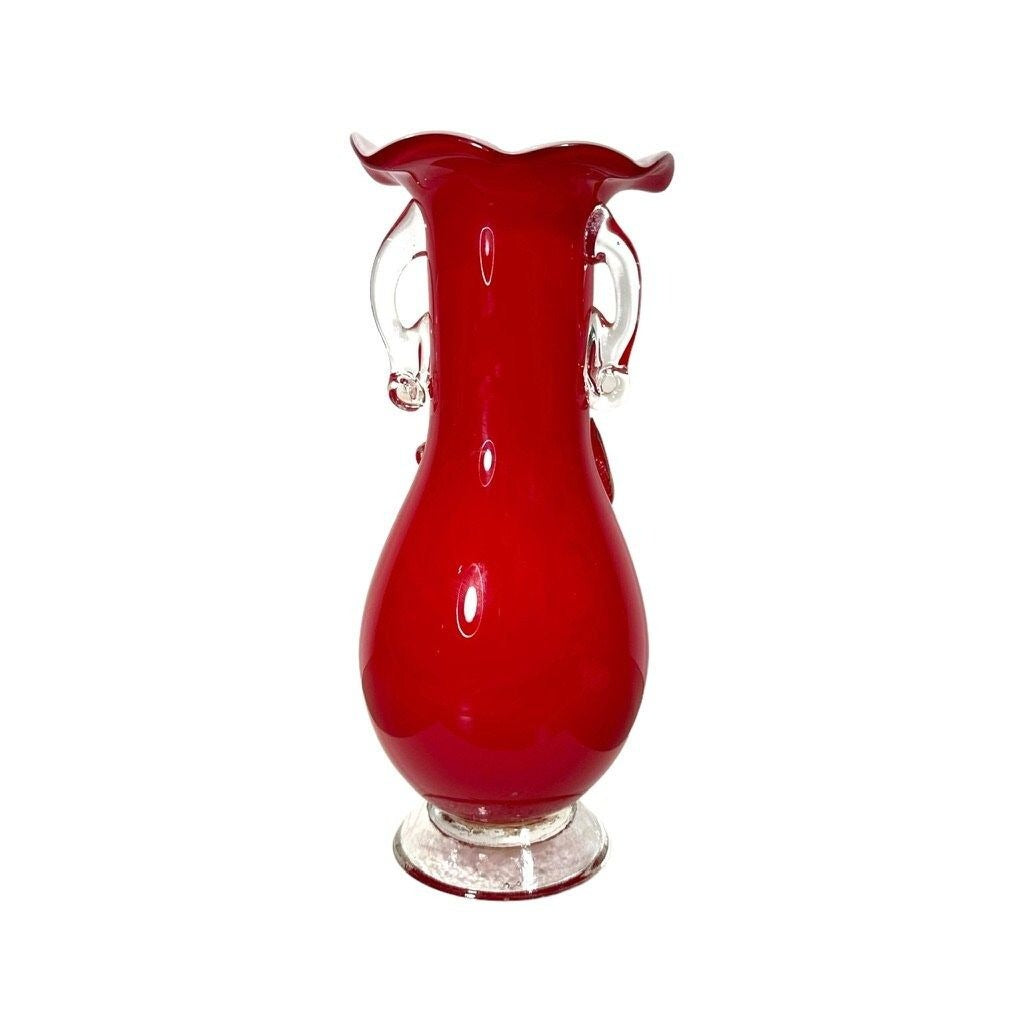 Vintage Blown Glass Confetti Flower Red Vase with White Interior Cased Vase