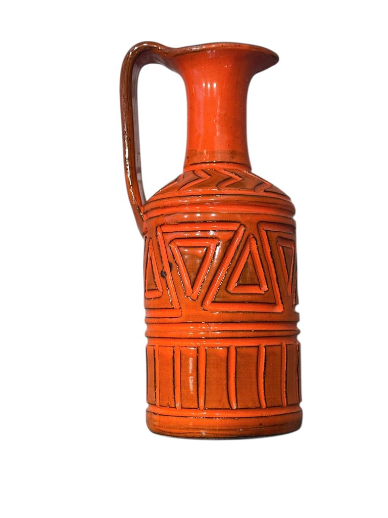 Bitossi Orange Mid-Century Modern Sgraffito Geometric Relief Ceramic Jug