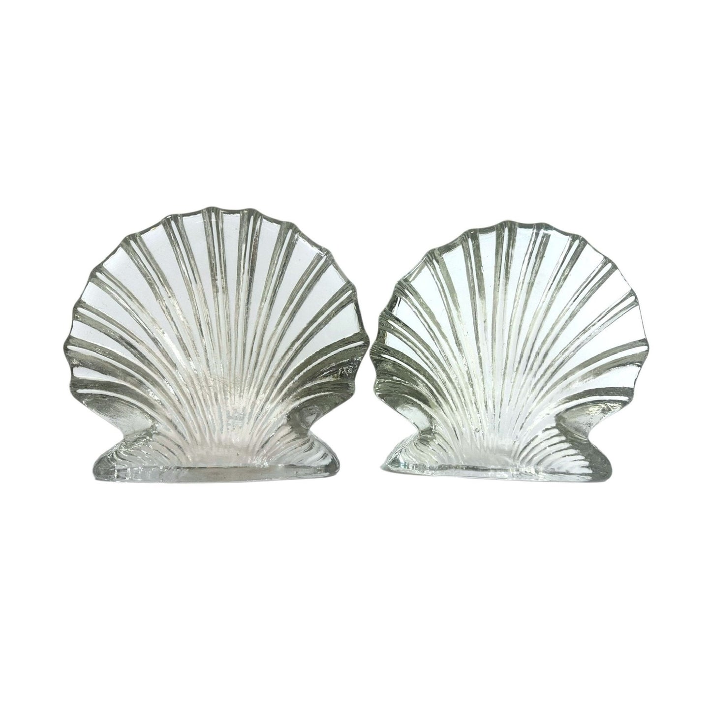 Vintage Blenko Art Glass Clear Scallop Clam Shell Bookends- Set of 2