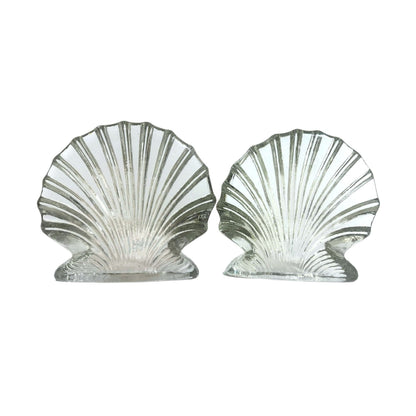 Vintage Blenko Art Glass Clear Scallop Clam Shell Bookends- Set of 2