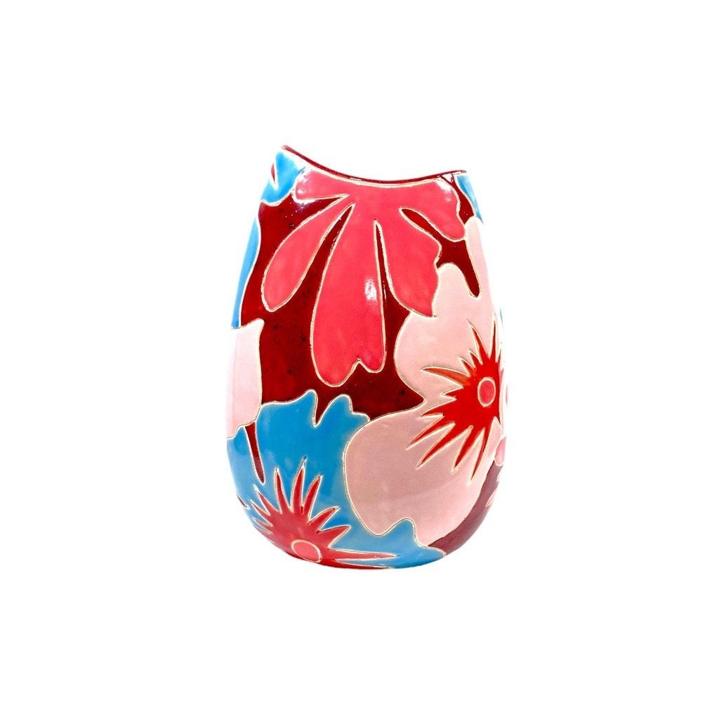 Vintage Vivid Red, Pink, and Blue Floral Printed Vase