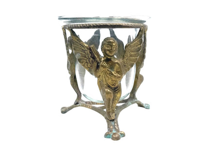 Vintage Brass Cherub Bowl Holder with Glass Insert