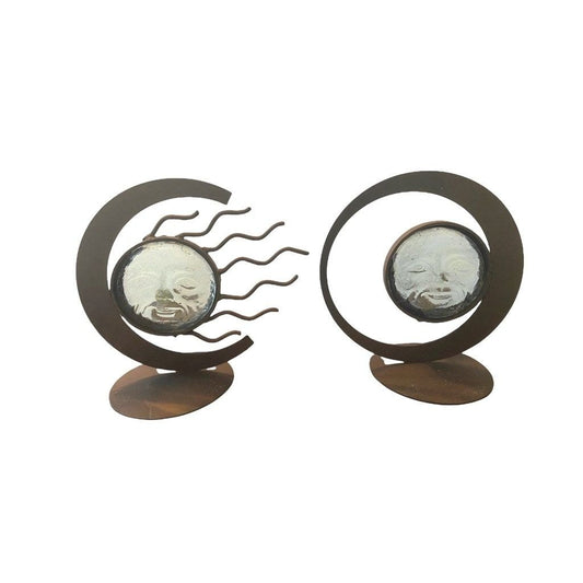 Vintage Wrought Iron and Hand Blown Molded Glass Face Sun and Moon Candle Holders - Set of 2