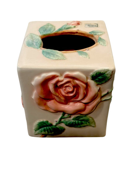 Fitz And Floyd 1987  Blushing Rose Ceramic Tissue Box Cover & Soap Dish Set