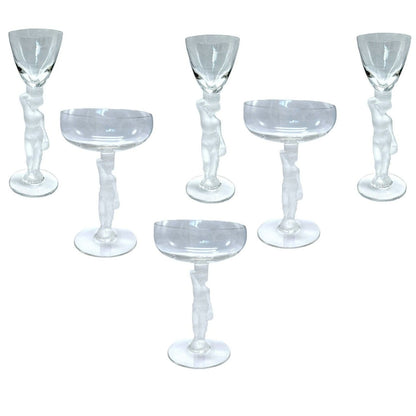 Vintage French Bayel Crystal Bacchus Champagne Coupes & Cordial/Liqueur/Aperitif Glasses - Set of 6